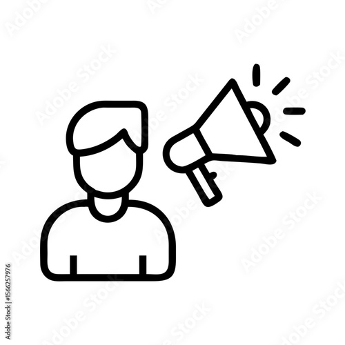 Man speaking with megaphone in line art style concept of marketing specialist  