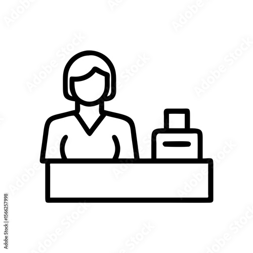 Cashier standing behind counter with products in minimalist style  