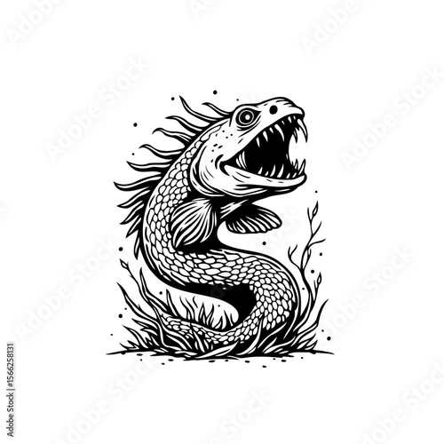 Black and white aggressive fish illustration with sharp teeth predatory creature underwater life showing nature