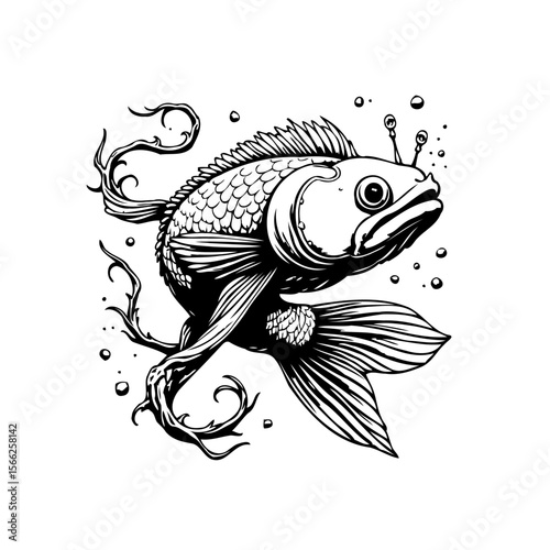 Detailed monochrome drawing of a unique fantasy fish with intriguing features swimming gracefully underwater illustration