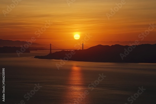 Stunning sunset illuminates Golden Gate Bridge with warm hues over San Francisco Bay, Aerial view of Golden Gate bridge at sunset