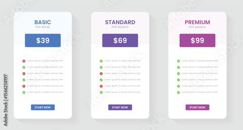 Pricing plans table, pricing chart, price list for web or app. Ui UX pricing design tables with tariffs. Product comparison business web plans. Subscription features checklist and business plans.