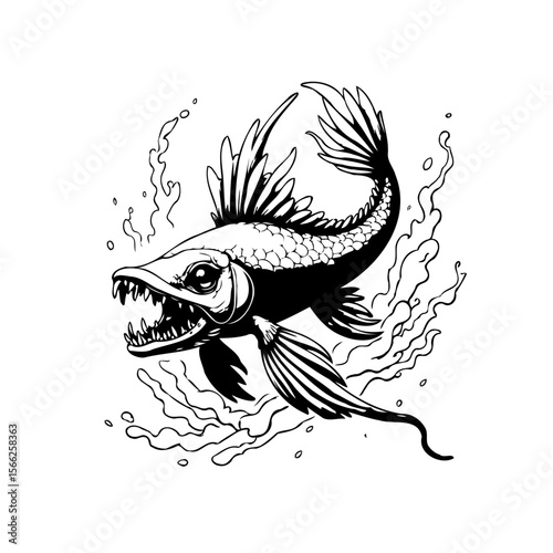 Black and white illustration of a fish with a predatory appearance in dynamic water drawing