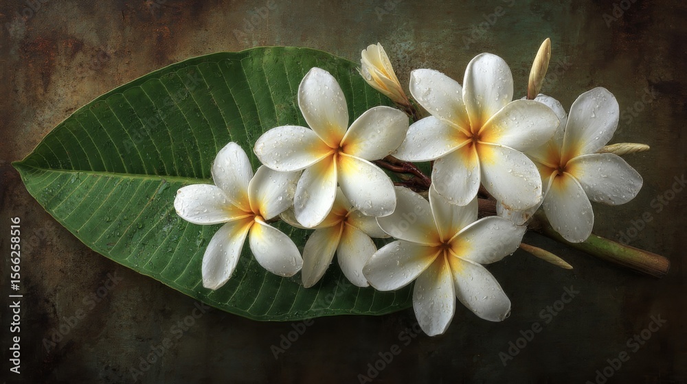 Fototapeta premium White Plumeria Flowers with Dew Drops on Green Leaf