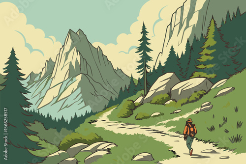 Hiker walks on mountain path surrounded by pine trees and rocks