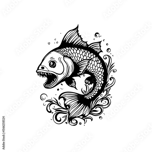 A captivating illustration of an aggressive fish with intricate details and swirling water designs showcases unique artistic flair
