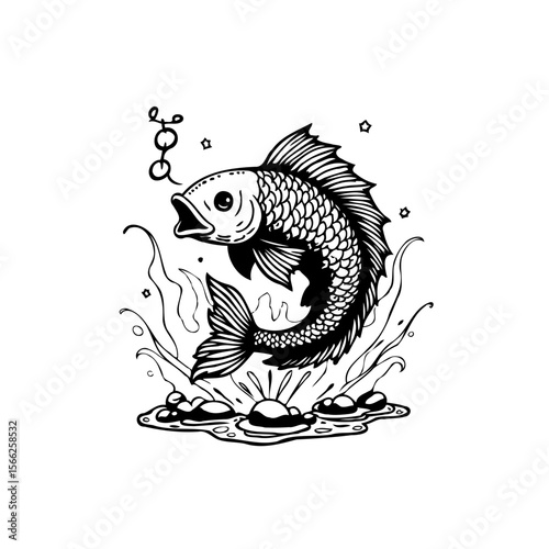A striking black and white illustration showcasing a fish jumping out of the water surrounded by bubbles