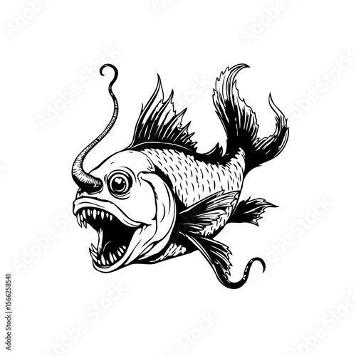 Detailed monochromatic illustration of a terrifying anglerfish with sharp teeth and menacing appearance in deep sea environment
