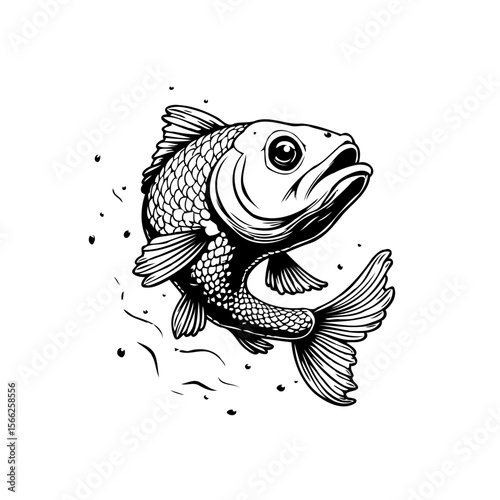 Intricate monochrome depiction showcasing a fish illustration with meticulously detailed scales fins and eye, an angling artwork
