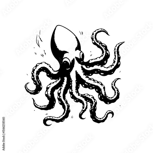 Monochrome octopus illustration showcasing detailed tentacles suitable for tattoo design with minimalist background and artistic elements, line art