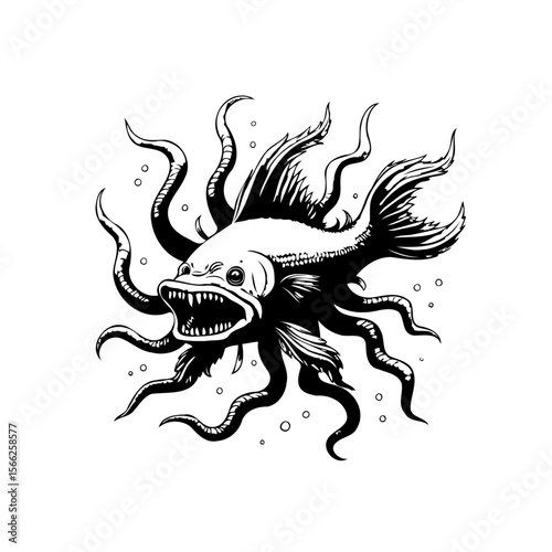 Monstrous deep sea creature with tentacles and sharp teeth illustration for sea explorations and mysterious artworks