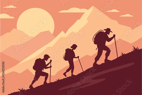 Hikers ascend mountain slope at sunset with backpacks