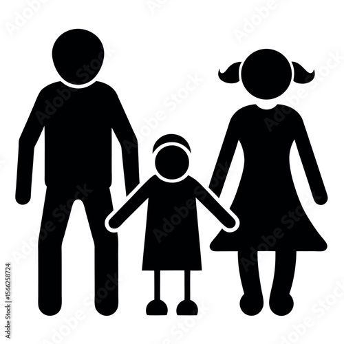 Black Pictogram Family Illustration Father, Mother, and Child Holding Hands with Simple Shapes on a White Background