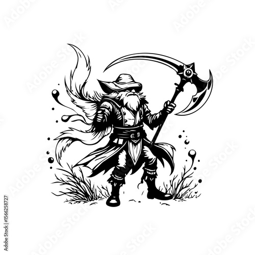 Mystical warrior holding scythe illustration standing amidst stylized grass showcasing fantasy character art and detailed character design