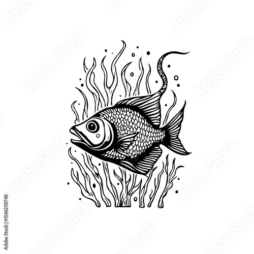 Monochrome fish illustration swimming gracefully amongst seaweed and coral in its natural environment underwater habitat