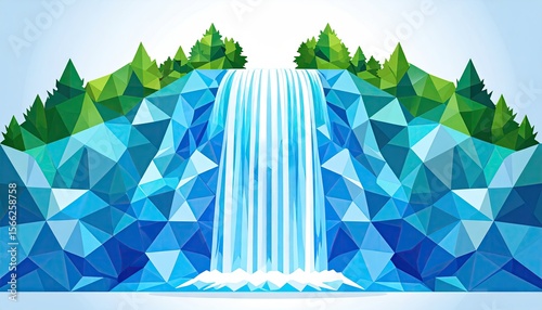 Abstract Geometric Waterfall Cascade In Cool Blue Tones With Green Trees and White Background