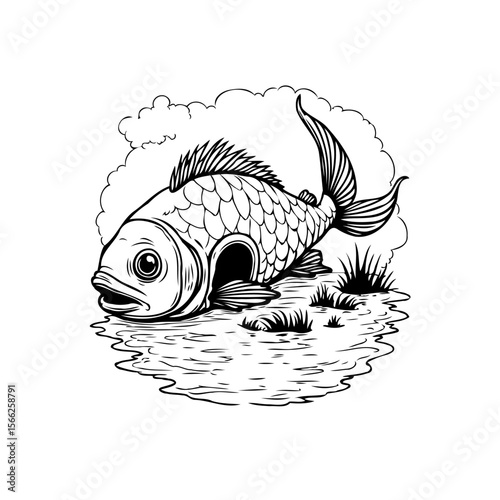 Intricate illustration of a fish emerging from water showcasing details and artistic expression highlighting the underwater life