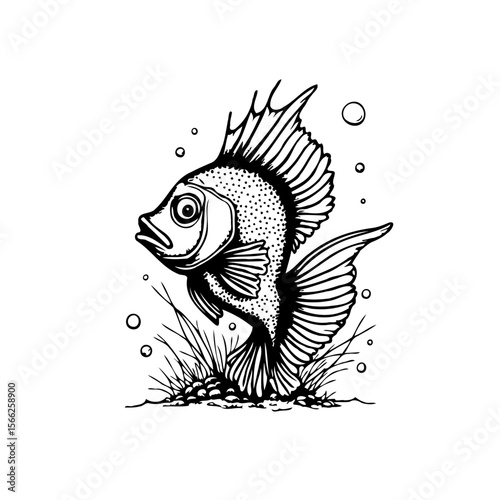 Detailed line art of a freshwater angelfish in its natural habitat with aquatic plants