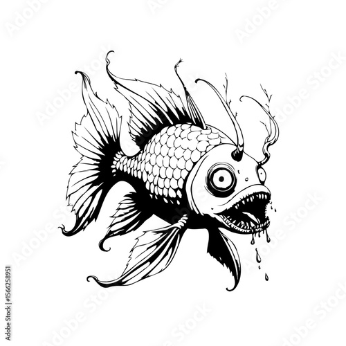 Stylized fish illustration with exaggerated features and intricate linework creating a unique marine artwork piece