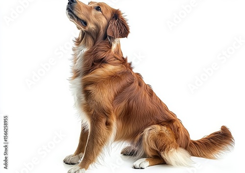 Studio shot of an adorable Golden retriever sitting and looking up curiously , isolated on white background,  , copy space, copy space for text,