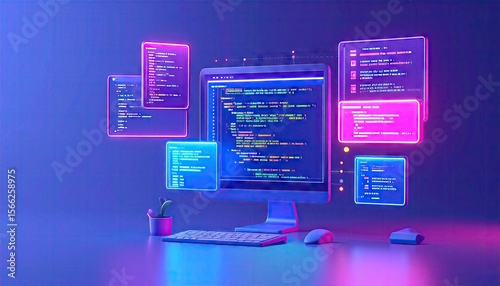 Abstract Neon Lit Computer Screen Displaying Code With Floating Digital Screens And Glowing Purple And Blue Background
