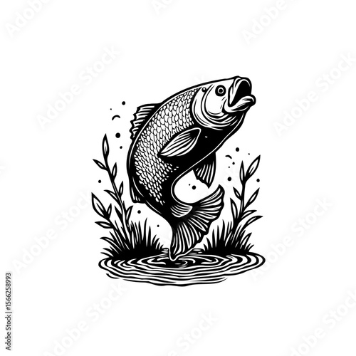 Captivating black and white illustration of a fish leaping from the water surrounded by plants