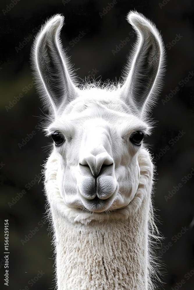 Obraz premium Portrait of a white llama Lama glama isolated on black background , isolated on white background, , copy space, copy space for text,