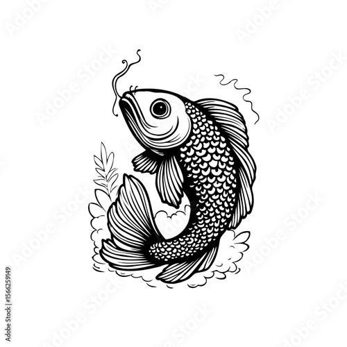 Elegant koi fish illustration showcasing scales, fins, and flowing whiskers in artistic rendition