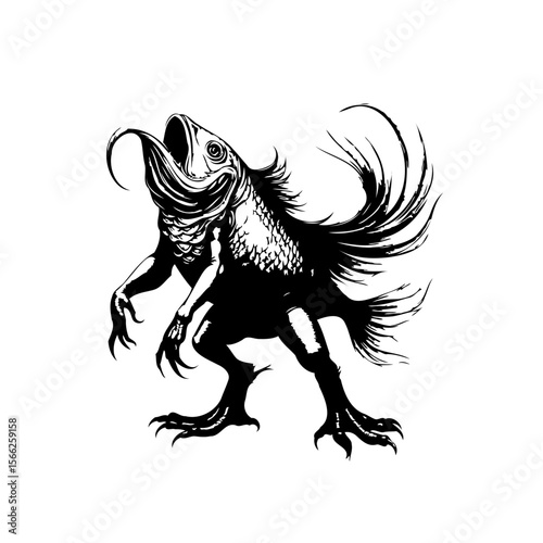 Detailed and dynamic black and white illustration of a fantastical creature a grotesque and nightmarish fish human hybrid