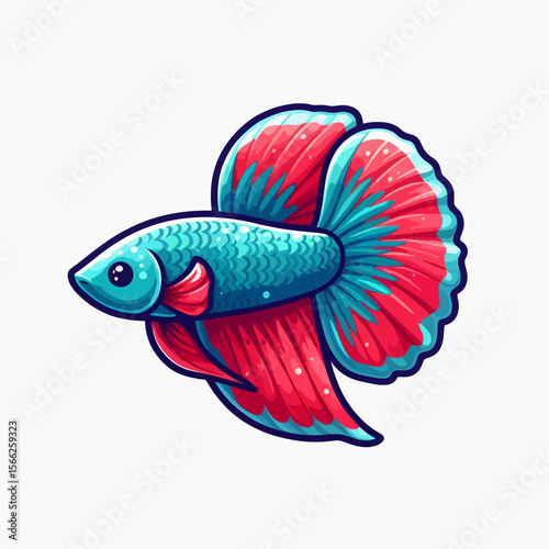 Vibrant cartoon illustration of a betta fish, showcasing its colorful fins and scales, set against a plain white background. The fish is presented in a side view profile.