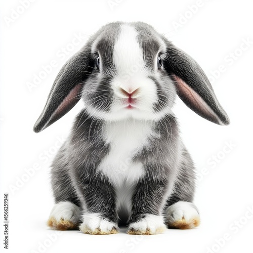 Cute black and white baby rabbit, sitting up facing front