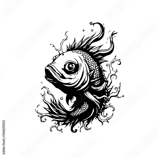Elegant monochrome fish artwork showcasing intricate line work and stylistic flair with aquatic embellishments illustration