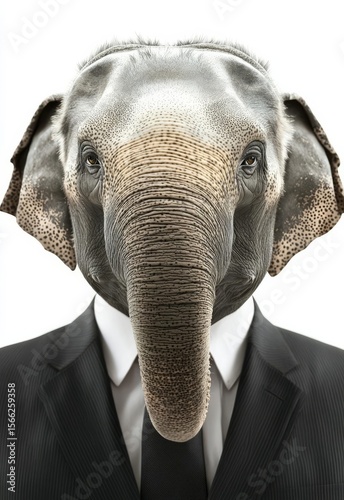 Elephant in a suit. Man with the head of an elephant. Concept graphic in vintage style. , isolated on white background,  , copy space, copy space for text,