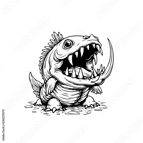 Stylized creature illustration combining fish and reptile elements with aggressive features and intricate line work for unique design
