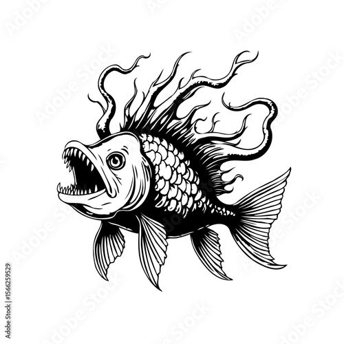 Detailed black and white drawing of a ferocious fish with scales and sharp teeth showcases illustration