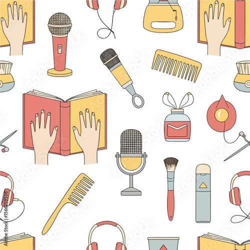 A seamless pattern of illustrated ASMR triggers featuring microphones, headphones, books, and personal grooming accessories. Vector Patterns