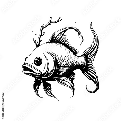 Detailed black and white illustration of a fish with antler like branch coming out from it and wavy tail