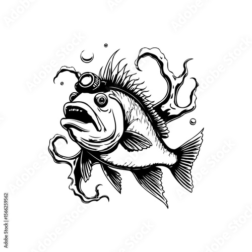 Whimsical steampunk fish illustration with goggles in black and white detailed aquatic animal drawing creative design