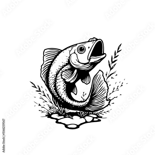 Detailed line art of a fish jumping out of the water illustration with surrounding grass illustration