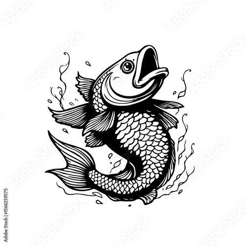 Dynamic ink illustration of a fish leaping with an open mouth showcasing aquatic art black and white