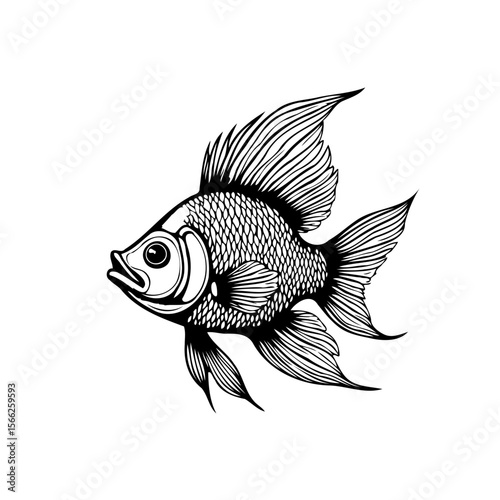 Elegant hand drawn goldfish illustration showcasing intricate details in monochromatic style ideal for creative projects