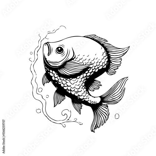 Detailed monochrome illustration of a fancy goldfish with flowing fins and bubble accents artwork