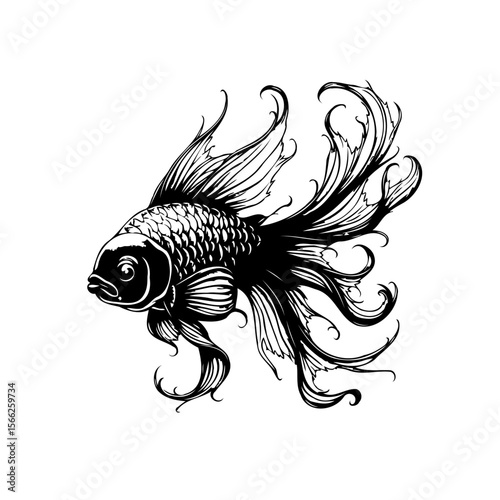 Elegant goldfish illustration featuring flowing fins and intricate details, ideal for tattoo design or decorative purposes