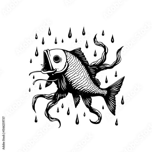 Creepy fish illustration with tentacles and raindrops creating an atmosphere of mystery and surrealism in dark ink