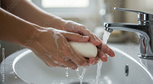 Hands washing under running water with a bar of soap in a clean sink