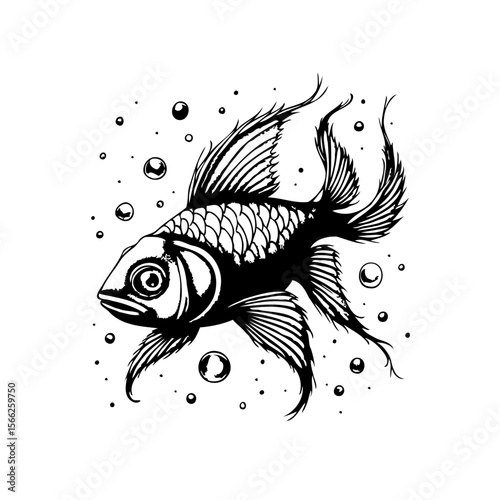 A captivating monochrome illustration of a goldfish gracefully swimming among bubbles creates a visually striking and artistic impression