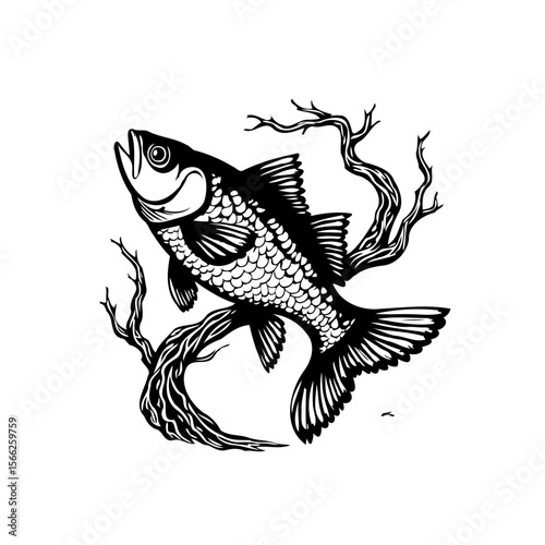 Elegant black and white fish with intricate scales and flowing fins swimming among branches illustration
