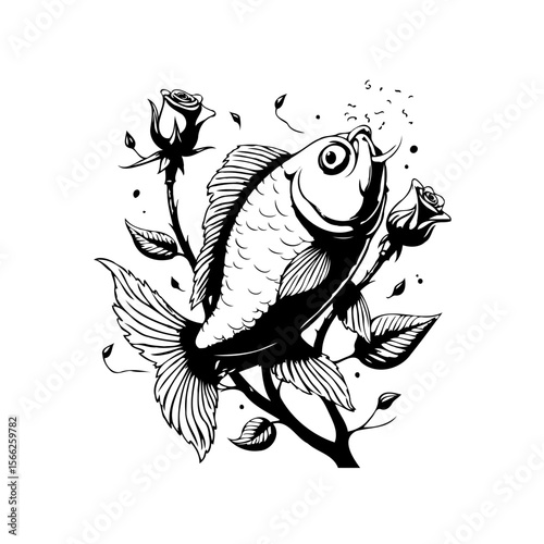 Elegant fish surrounded by roses illustration artwork in minimalist style that enhances creative projects and designs