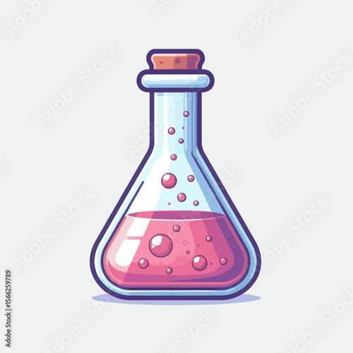 Stylized, cartoon-like representation of a laboratory flask filled with a pink liquid and containing bubbles.  The flask is presented against a light background.