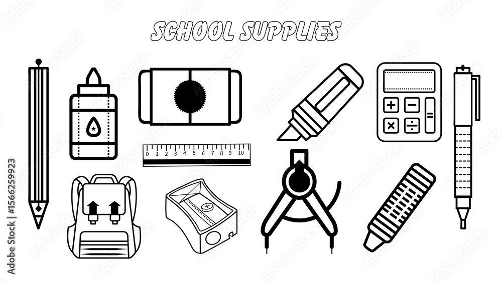 Fototapeta premium Silhouette Icons of School Supplies and Education Tools Set on White